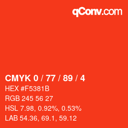 Farbcode: CMYK 0 / 77 / 89 / 4 | qconv.com