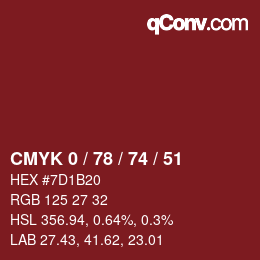 Color code: CMYK 0 / 78 / 74 / 51 | qconv.com