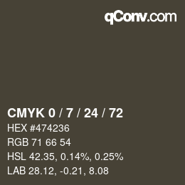 カラーコード: CMYK 0 / 7 / 24 / 72 | qconv.com