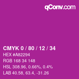 カラーコード: CMYK 0 / 80 / 12 / 34 | qconv.com
