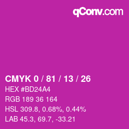 カラーコード: CMYK 0 / 81 / 13 / 26 | qconv.com
