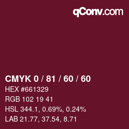 カラーコード: CMYK 0 / 81 / 60 / 60 | qconv.com