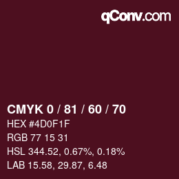 颜色代码: CMYK 0 / 81 / 60 / 70 | qconv.com