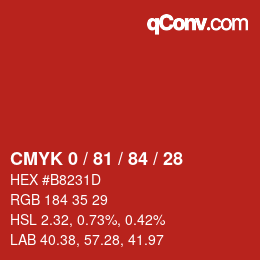 カラーコード: CMYK 0 / 81 / 84 / 28 | qconv.com