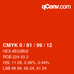 カラーコード: CMYK 0 / 81 / 99 / 12 | qconv.com
