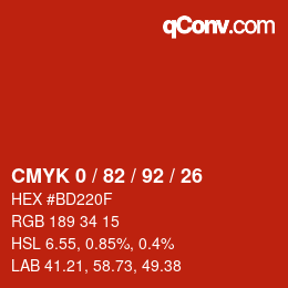 Farbcode: CMYK 0 / 82 / 92 / 26 | qconv.com