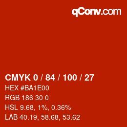 颜色代码: CMYK 0 / 84 / 100 / 27 | qconv.com