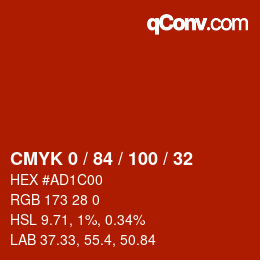 カラーコード: CMYK 0 / 84 / 100 / 32 | qconv.com