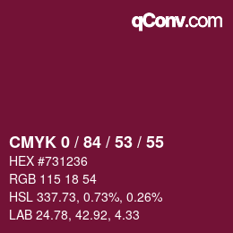カラーコード: CMYK 0 / 84 / 53 / 55 | qconv.com