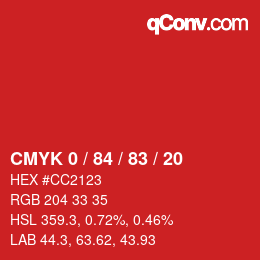 Code couleur: CMYK 0 / 84 / 83 / 20 | qconv.com