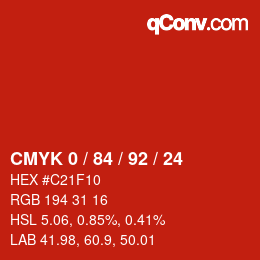 カラーコード: CMYK 0 / 84 / 92 / 24 | qconv.com