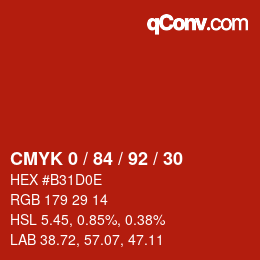 カラーコード: CMYK 0 / 84 / 92 / 30 | qconv.com