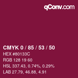 カラーコード: CMYK 0 / 85 / 53 / 50 | qconv.com