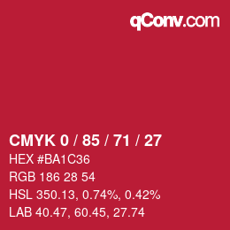Farbcode: CMYK 0 / 85 / 71 / 27 | qconv.com