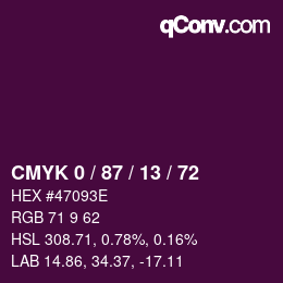 カラーコード: CMYK 0 / 87 / 13 / 72 | qconv.com