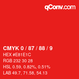 颜色代码: CMYK 0 / 87 / 88 / 9 | qconv.com