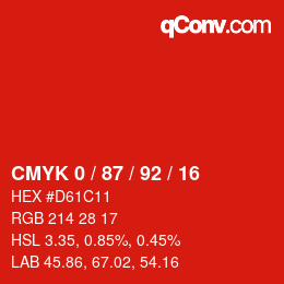 カラーコード: CMYK 0 / 87 / 92 / 16 | qconv.com