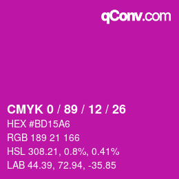 カラーコード: CMYK 0 / 89 / 12 / 26 | qconv.com