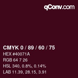 カラーコード: CMYK 0 / 89 / 60 / 75 | qconv.com