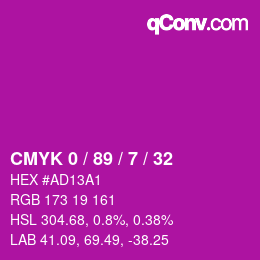 カラーコード: CMYK 0 / 89 / 7 / 32 | qconv.com