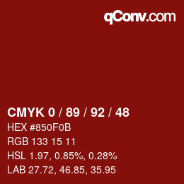 颜色代码: CMYK 0 / 89 / 92 / 48 | qconv.com