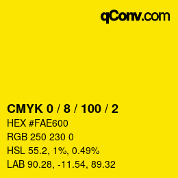 カラーコード: CMYK 0 / 8 / 100 / 2 | qconv.com