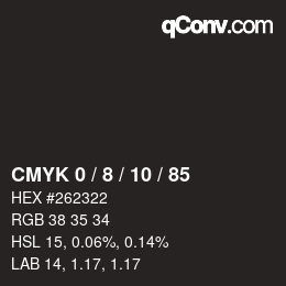 カラーコード: CMYK 0 / 8 / 10 / 85 | qconv.com