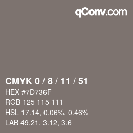 カラーコード: CMYK 0 / 8 / 11 / 51 | qconv.com