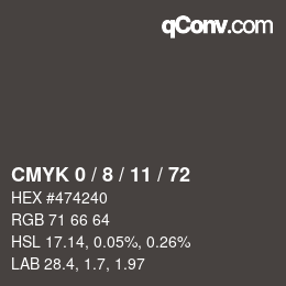 カラーコード: CMYK 0 / 8 / 11 / 72 | qconv.com