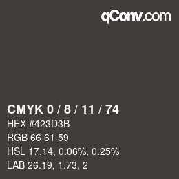 カラーコード: CMYK 0 / 8 / 11 / 74 | qconv.com