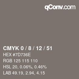 カラーコード: CMYK 0 / 8 / 12 / 51 | qconv.com