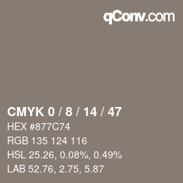 カラーコード: CMYK 0 / 8 / 14 / 47 | qconv.com