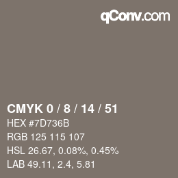 カラーコード: CMYK 0 / 8 / 14 / 51 | qconv.com