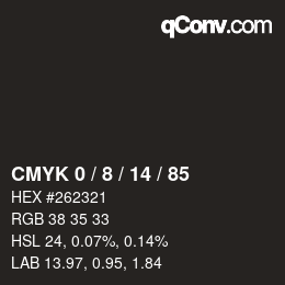 カラーコード: CMYK 0 / 8 / 14 / 85 | qconv.com