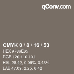 Code couleur: CMYK 0 / 8 / 16 / 53 | qconv.com