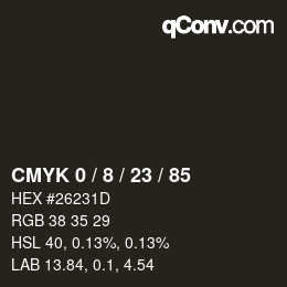 Code couleur: CMYK 0 / 8 / 23 / 85 | qconv.com