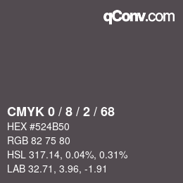カラーコード: CMYK 0 / 8 / 2 / 68 | qconv.com