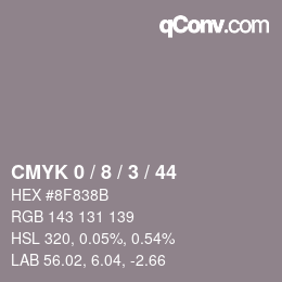 カラーコード: CMYK 0 / 8 / 3 / 44 | qconv.com