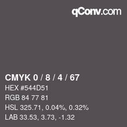 カラーコード: CMYK 0 / 8 / 4 / 67 | qconv.com