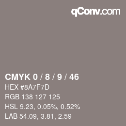 カラーコード: CMYK 0 / 8 / 9 / 46 | qconv.com