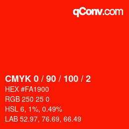 カラーコード: CMYK 0 / 90 / 100 / 2 | qconv.com