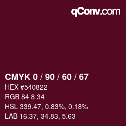 カラーコード: CMYK 0 / 90 / 60 / 67 | qconv.com