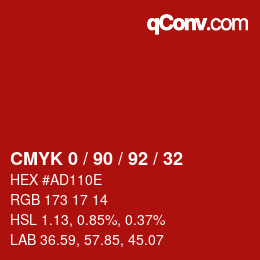 カラーコード: CMYK 0 / 90 / 92 / 32 | qconv.com
