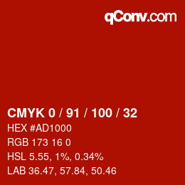Farbcode: CMYK 0 / 91 / 100 / 32 | qconv.com