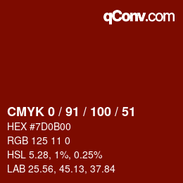 Código de color: CMYK 0 / 91 / 100 / 51 | qconv.com