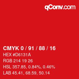 カラーコード: CMYK 0 / 91 / 88 / 16 | qconv.com