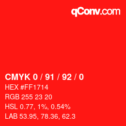 カラーコード: CMYK 0 / 91 / 92 / 0 | qconv.com
