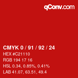 颜色代码: CMYK 0 / 91 / 92 / 24 | qconv.com