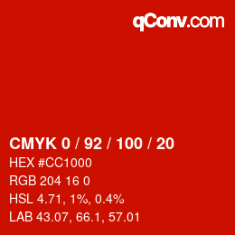カラーコード: CMYK 0 / 92 / 100 / 20 | qconv.com