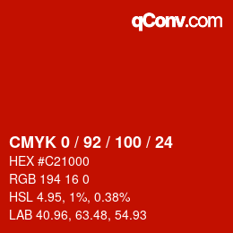 カラーコード: CMYK 0 / 92 / 100 / 24 | qconv.com